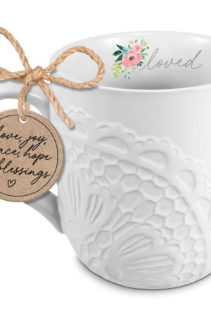 Mug - Lace Textured - Loved - White 16 oz