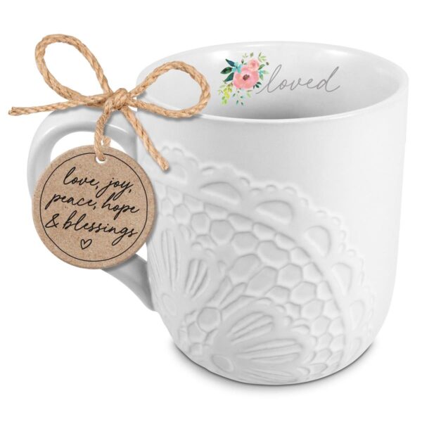 Mug - Lace Textured - Loved - White 16 oz