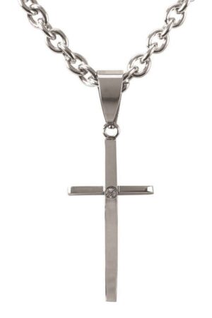 Necklace - Communion Raised Cross/Stone 1.25 Stainless Steel