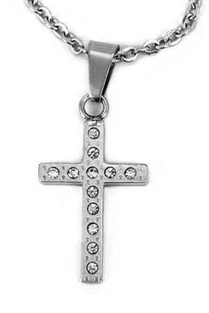 Necklace -  cross w/ crystals-18" chain stainless steel