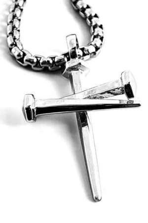 Nail Cross Pendant Necklace Rhodium Silver Finish Heavy Chain
