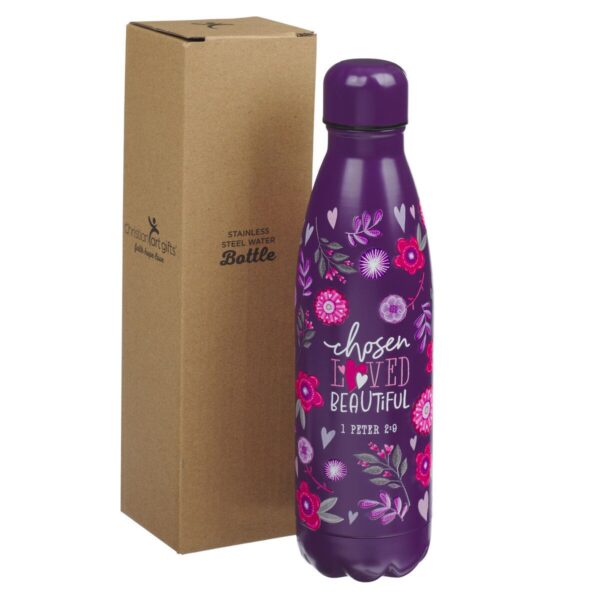 Chosen Loved Beautiful - 1 Peter 2:9 - Purple Stainless Steel Water Bottle - Image 3