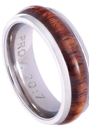 Stainless Steel Men's Ring with Wood Accent: Righteous Man - Proverbs 20:7