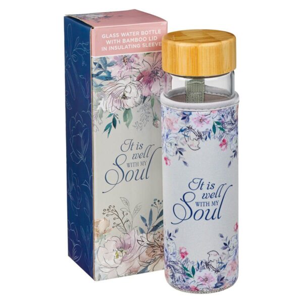 Well With My Soul Hymn - Glass Water Bottle with Bamboo Lid and Sleeve - Image 2