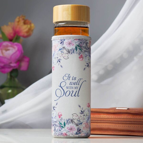 Well With My Soul Hymn - Glass Water Bottle with Bamboo Lid and Sleeve - Image 3